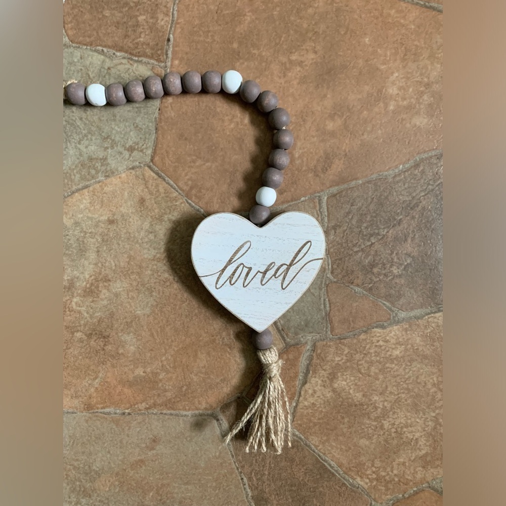 NWT Wooden Prayer Beads “Loved” Heart Tassel Farmhouse Decor 20” - Picture 2 of 3